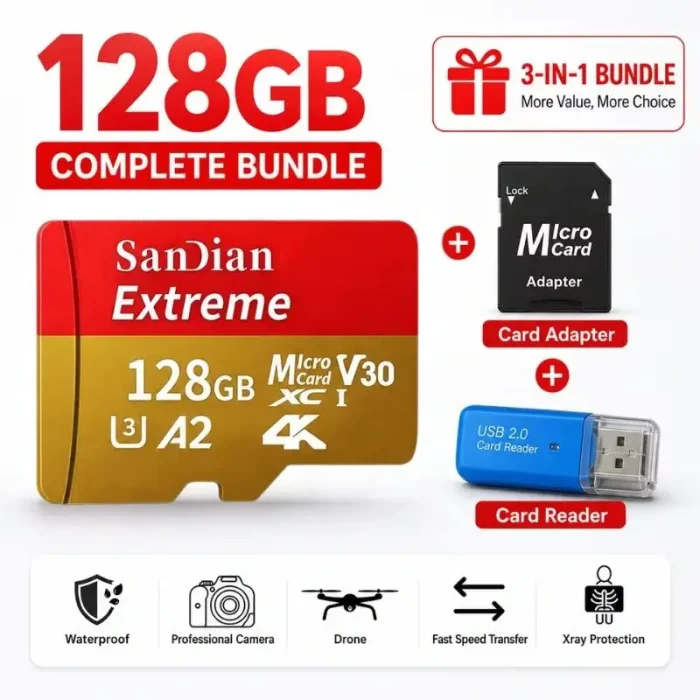 Tarjeta MicroSD TF 128GB Clase 10 U3 V30 A2 Alta Velocidad y Capacidad Con Adaptador para Teléfono Camara Dron Envio Gratis - Imagen 3