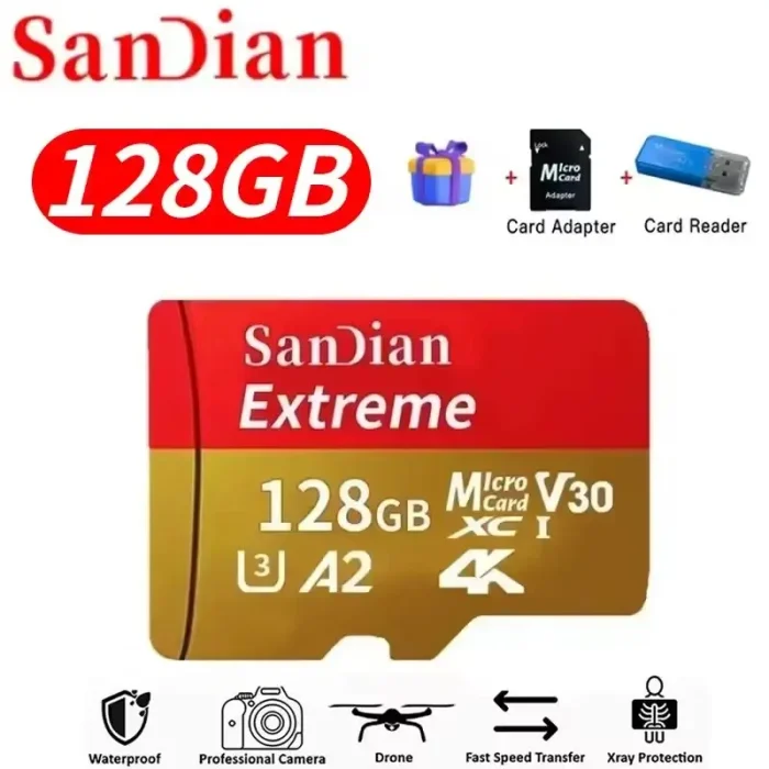 Tarjeta MicroSD TF 128GB Clase 10 U3 V30 A2 Alta Velocidad y Capacidad Con Adaptador para Teléfono Camara Dron Envio Gratis - Imagen 2