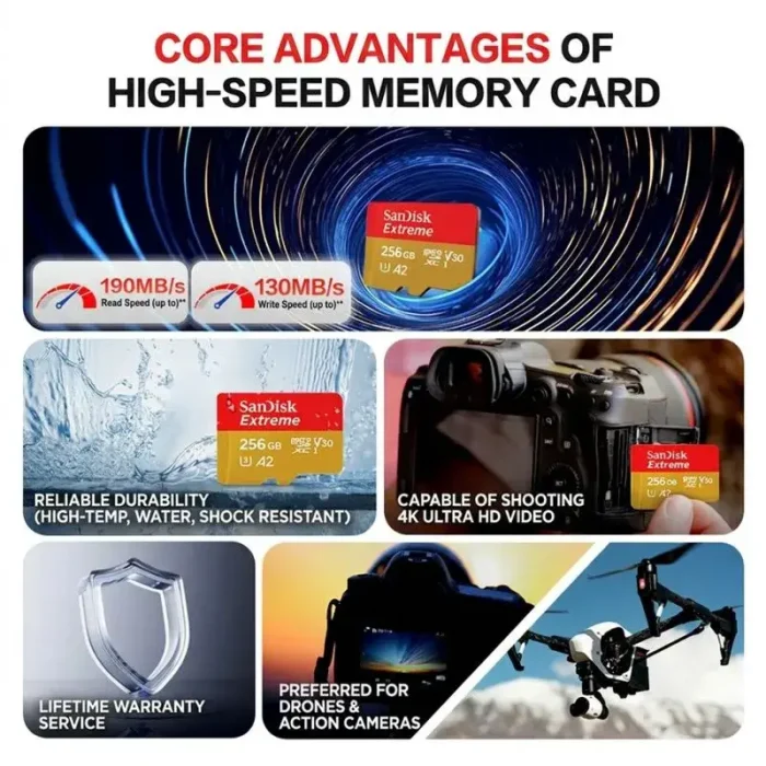 Tarjeta MicroSD TF 256GB Clase 10 U3 V30 A2 SanDian Extreme Alta Velocidad y Capacidad Con Adaptador para Teléfono Camara PC Dron Envio Gratis - Imagen 2